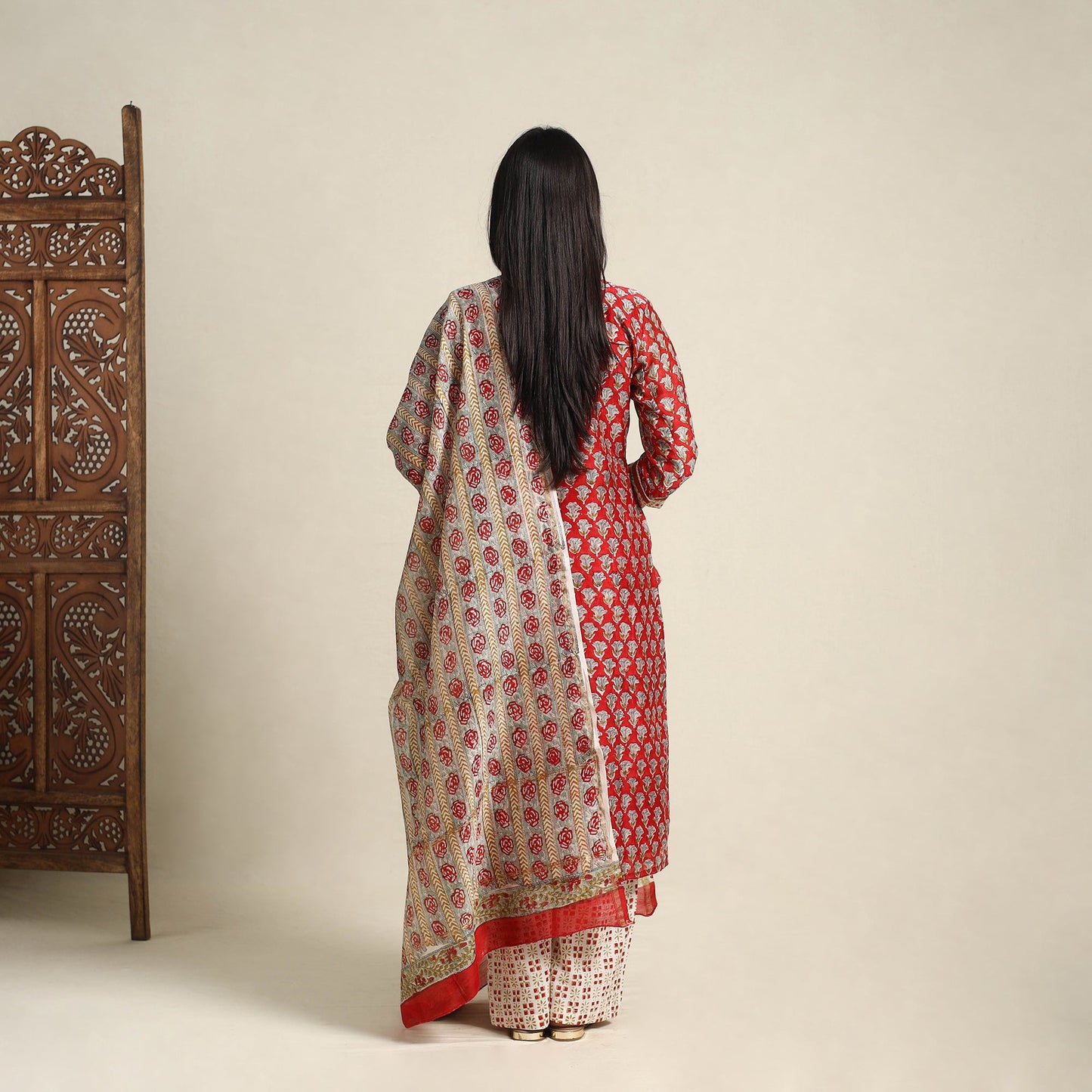  Red Block Print Chanderi Silk Sanganeri Kurta Set