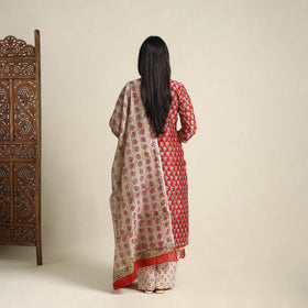  Red Block Print Chanderi Silk Sanganeri Kurta Set