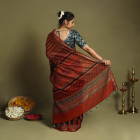 Red Chanderi Silk Block Print Ajrakh Saree