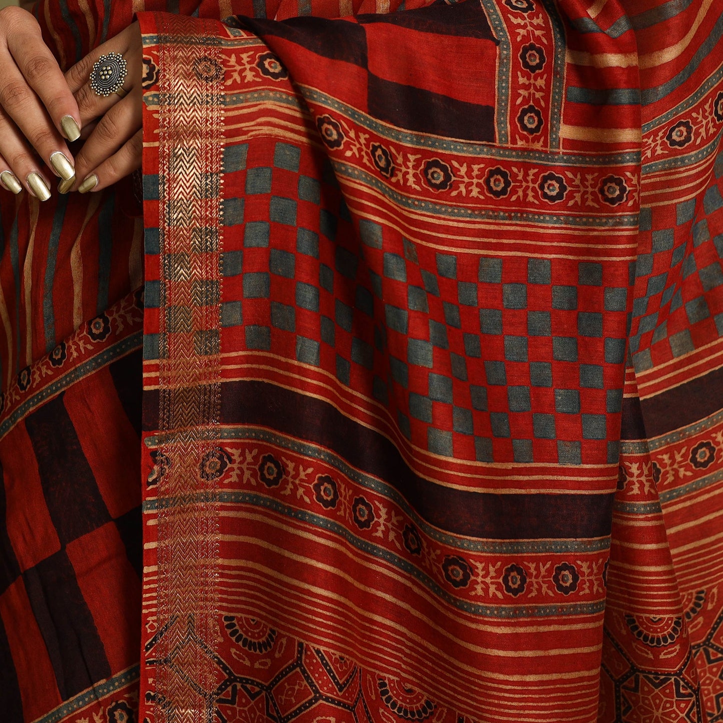 Red Chanderi Silk Block Print Ajrakh Saree