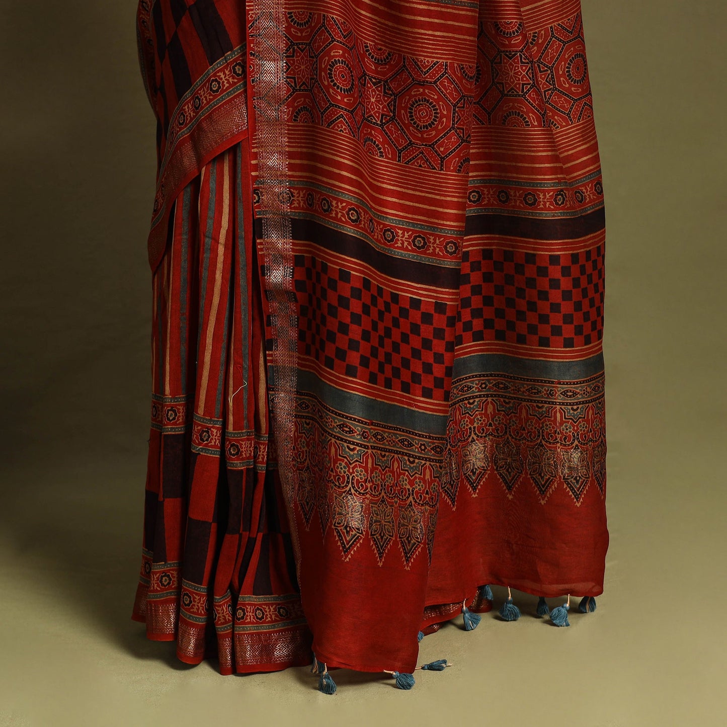 Red Chanderi Silk Block Print Ajrakh Saree