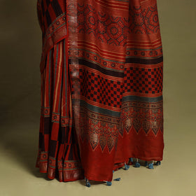 Red Chanderi Silk Block Print Ajrakh Saree