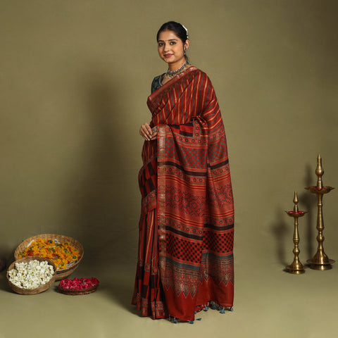 Red Chanderi Silk Block Print Ajrakh Saree