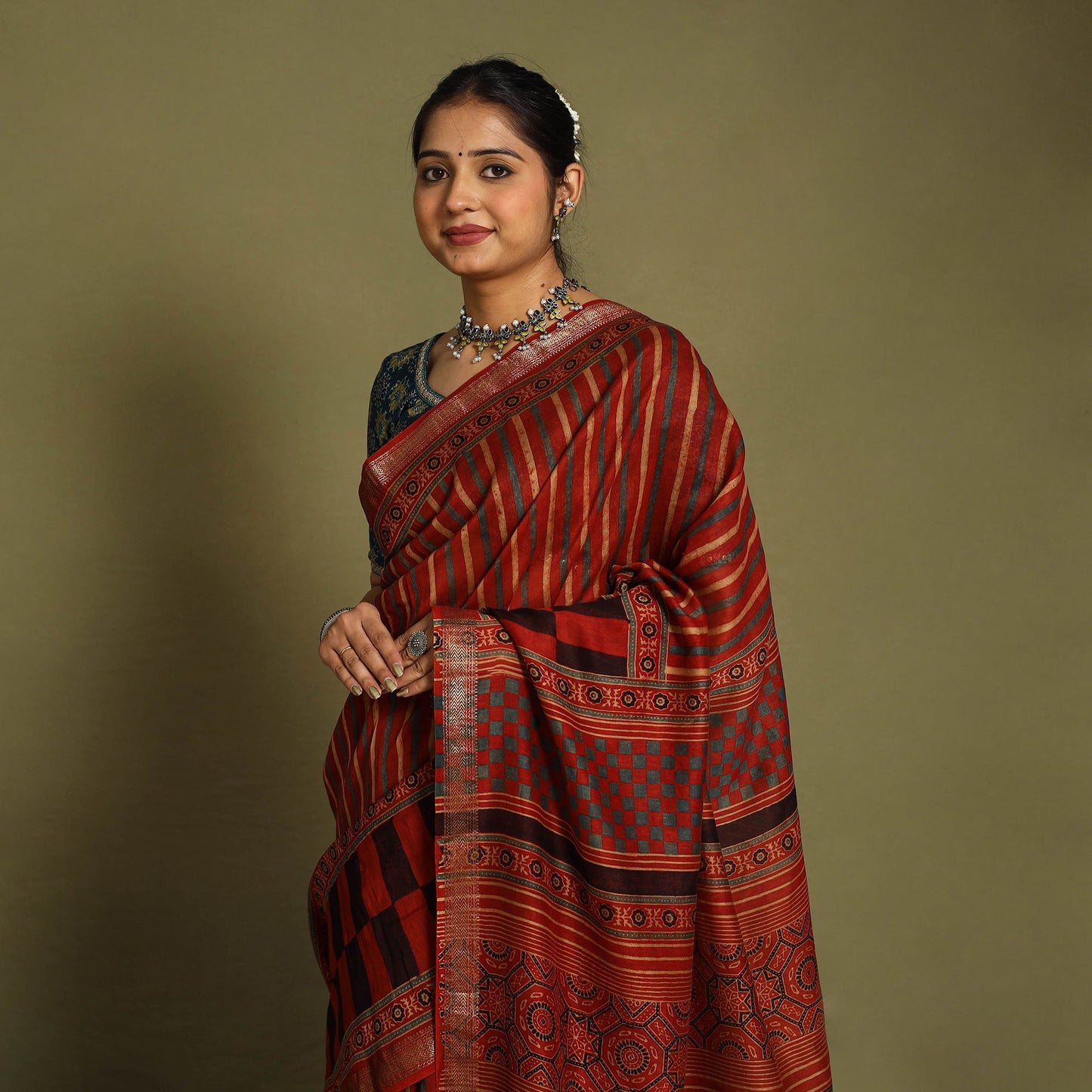 Red Chanderi Silk Block Print Ajrakh Saree