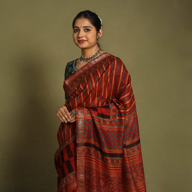 Red Chanderi Silk Block Print Ajrakh Saree