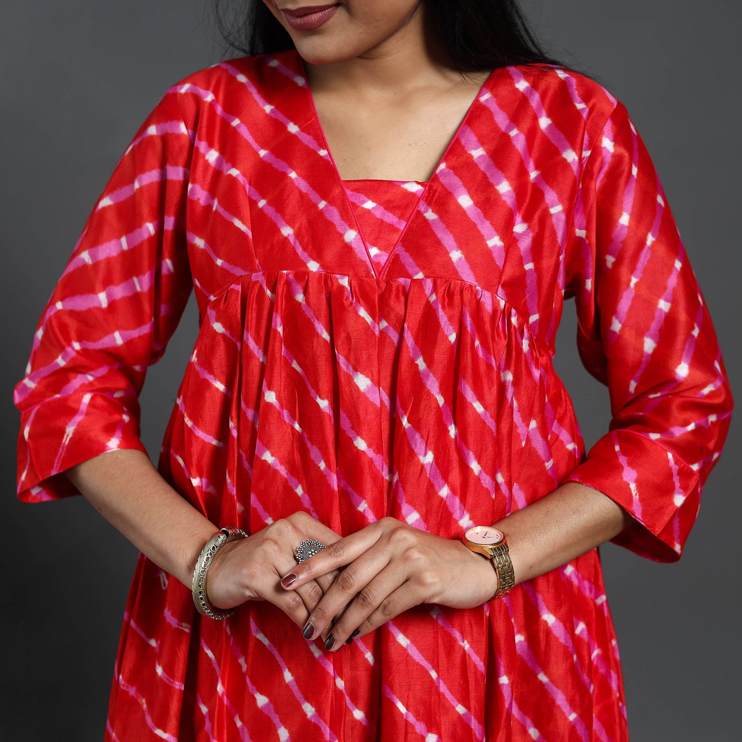 Red - Chanderi Silk Tie-Dye Flared Leheriya Kurta 12