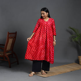 Red - Chanderi Silk Tie-Dye Flared Leheriya Kurta 12