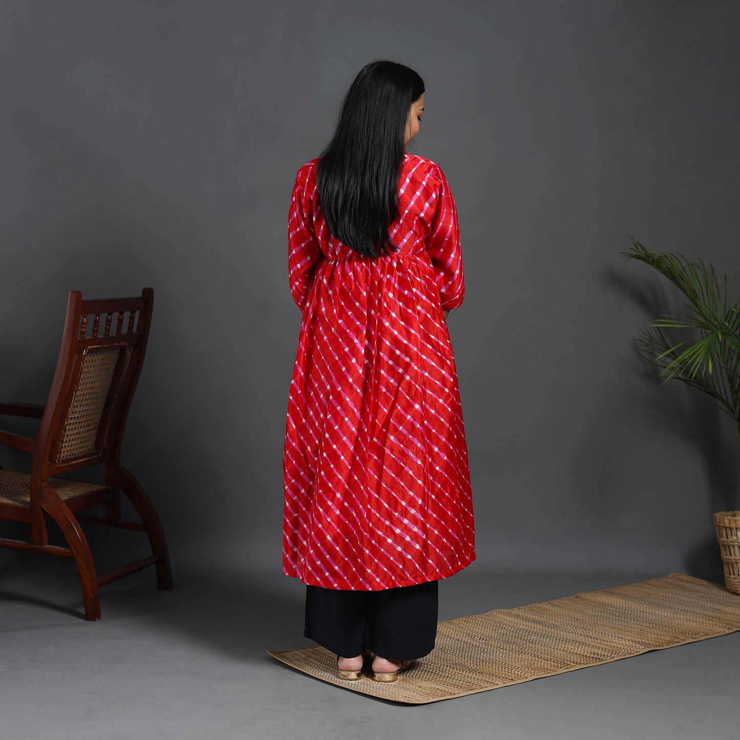 Red - Chanderi Silk Tie-Dye Flared Leheriya Kurta 12