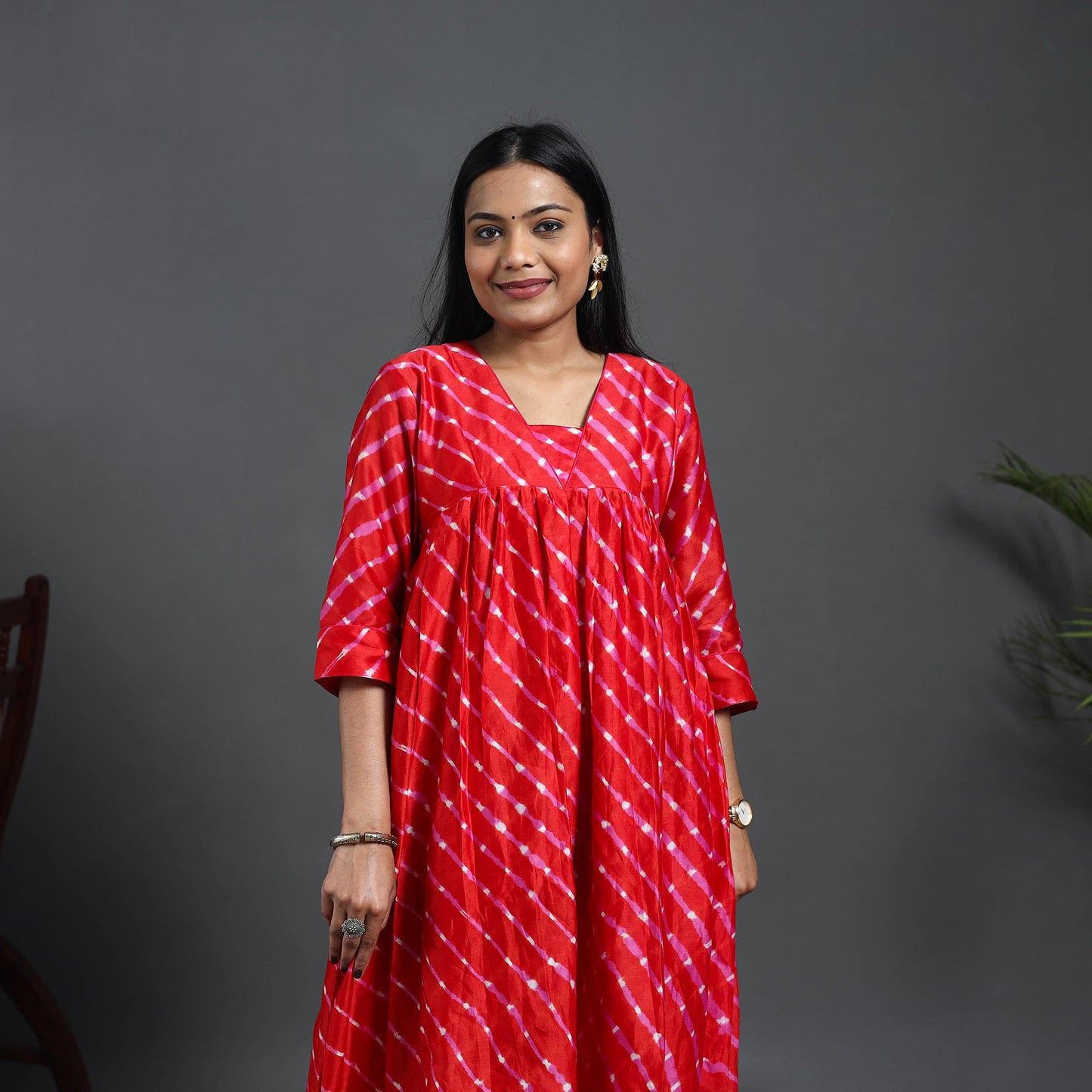 Red - Chanderi Silk Tie-Dye Flared Leheriya Kurta 12