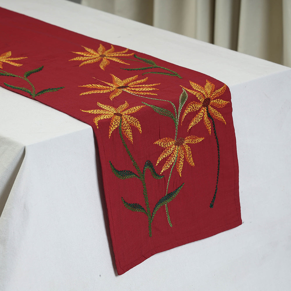Red Chandi Mati Tagai Work Silk Cotton Table Runner