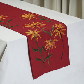 Red Chandi Mati Tagai Work Silk Cotton Table Runner