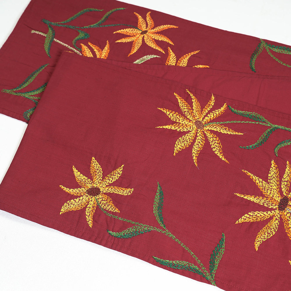 Red Chandi Mati Tagai Work Silk Cotton Table Runner