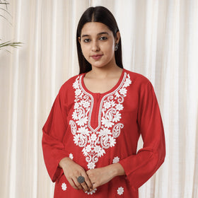 Red Chikankari Embroidery Rayon Cotton Kurta with Pant Set
