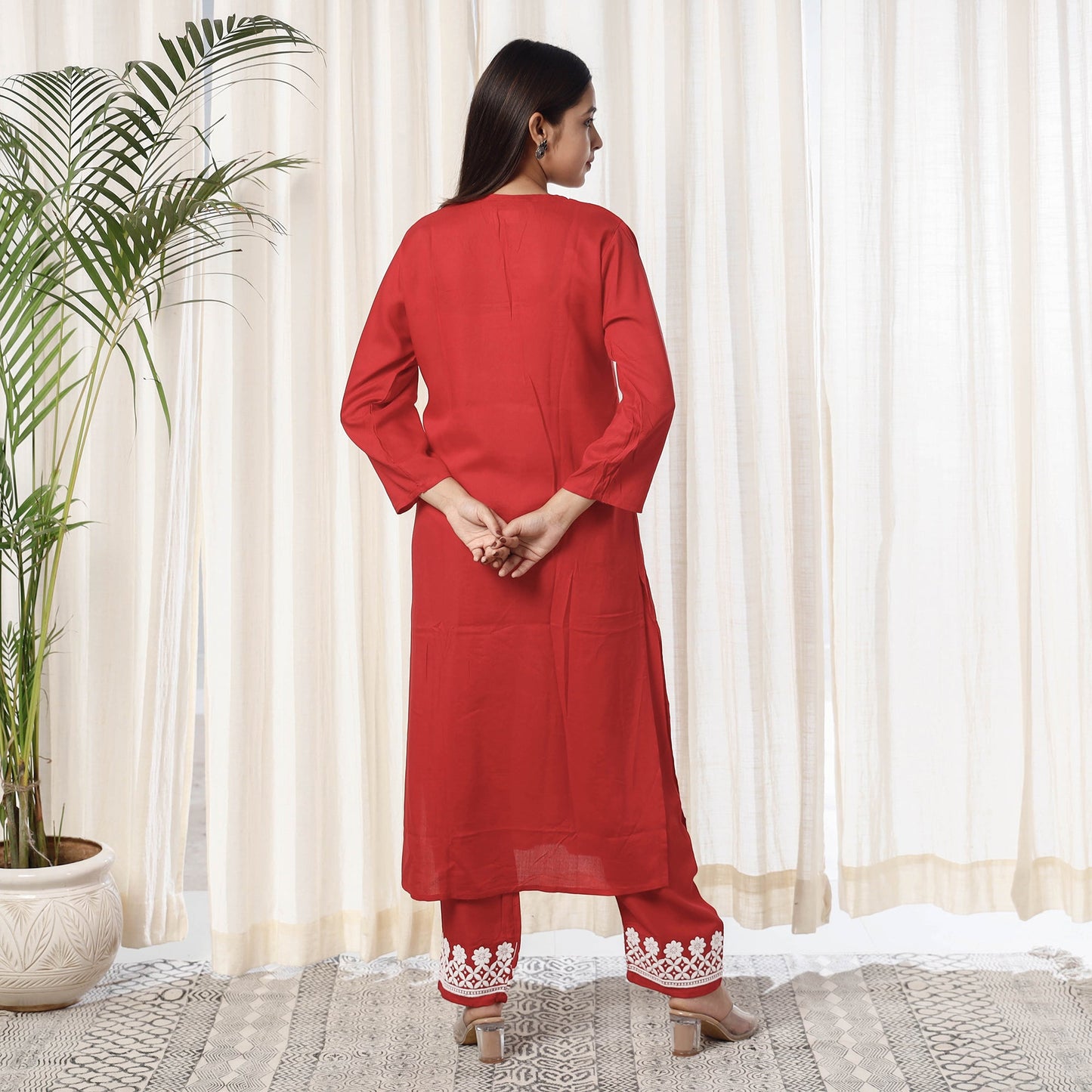 Red Chikankari Embroidery Rayon Cotton Kurta with Pant Set