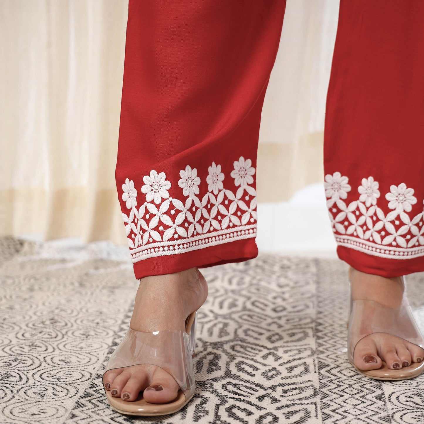 Red Chikankari Embroidery Rayon Cotton Kurta with Pant Set