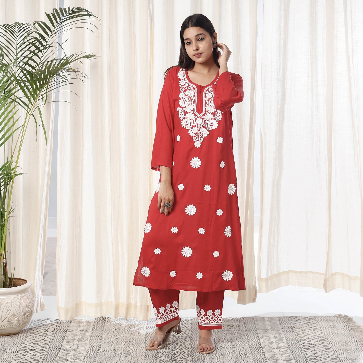 Red Chikankari Embroidery Rayon Cotton Kurta with Pant Set