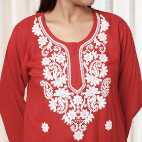 Red Chikankari Embroidery Rayon Cotton Kurta with Pant Set
