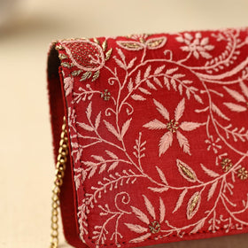 Red Chikankari Hand Embroidery Tussar Silk Clutch/Sling Bag