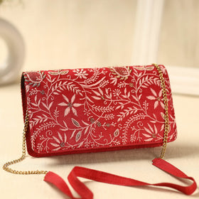Red Chikankari Hand Embroidery Tussar Silk Clutch/Sling Bag