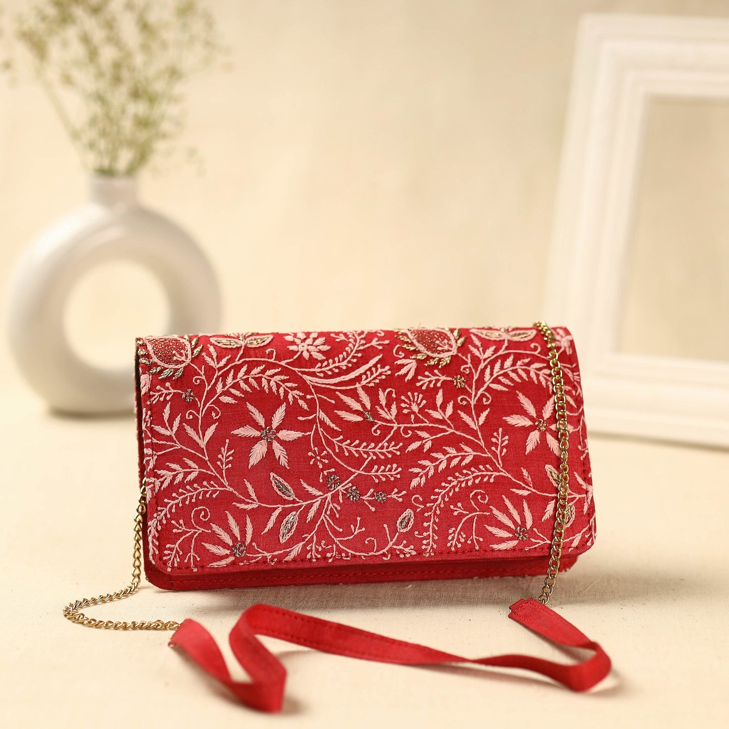 Red Chikankari Hand Embroidery Tussar Silk Clutch/Sling Bag