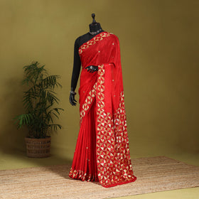 Red - chinon silk hand embroidery phulkari saree 11