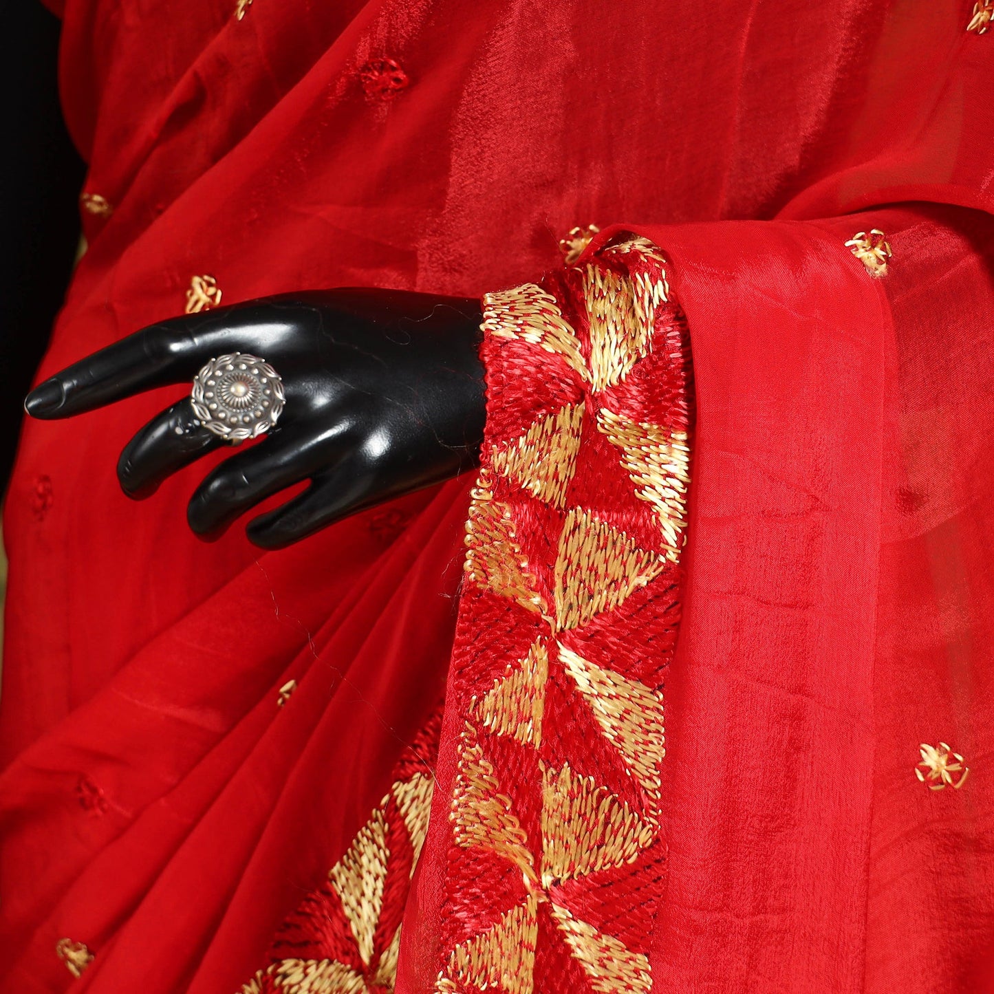 Red - chinon silk hand embroidery phulkari saree 11