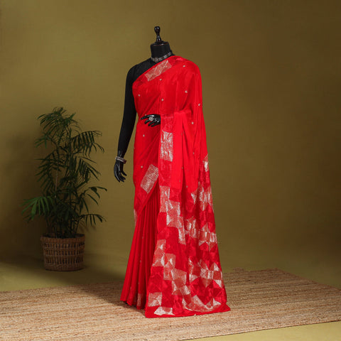 Red - chinon silk hand embroidery phulkari saree 13