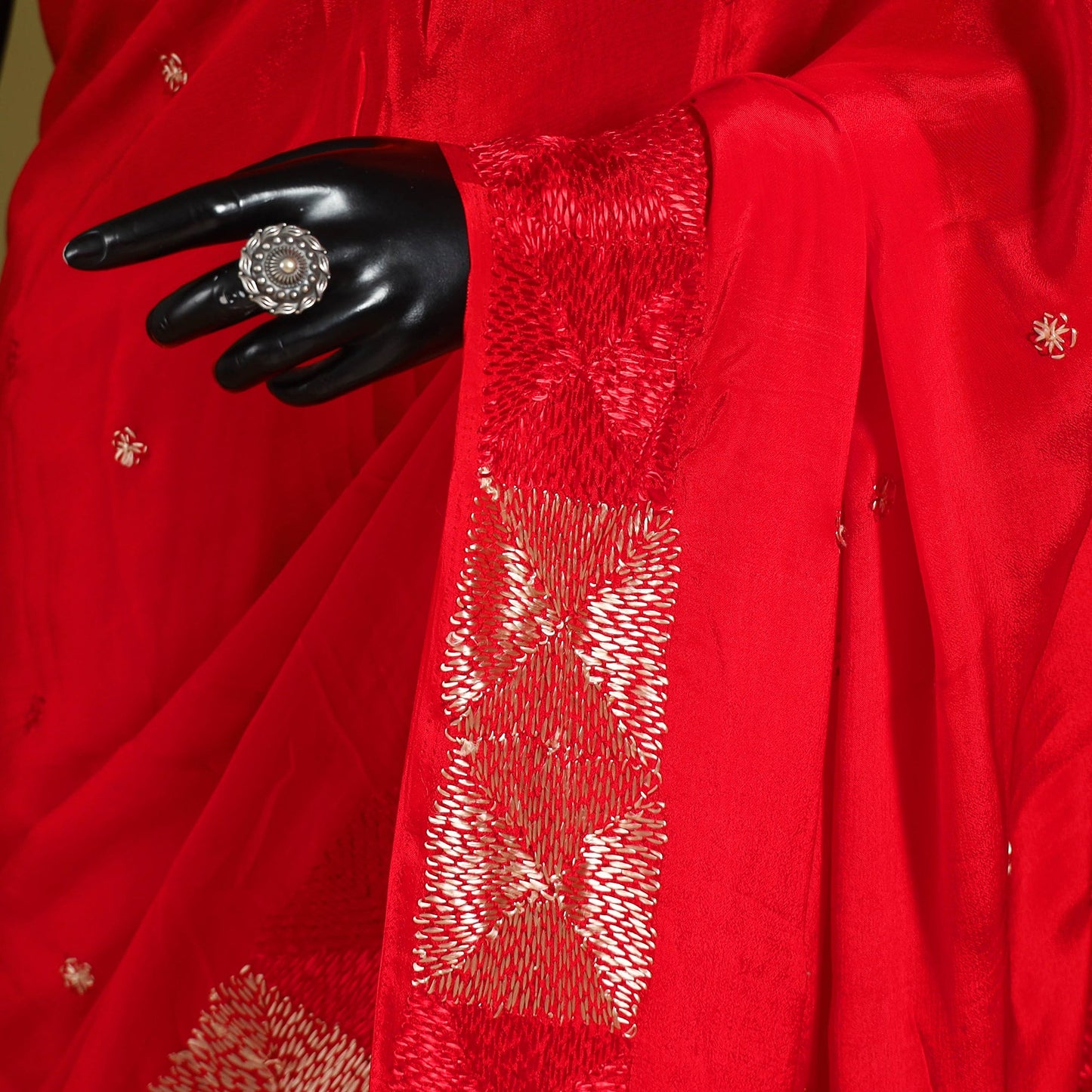 Red - chinon silk hand embroidery phulkari saree 13