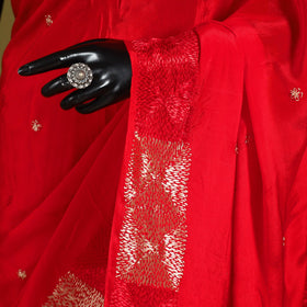 Red - chinon silk hand embroidery phulkari saree 13