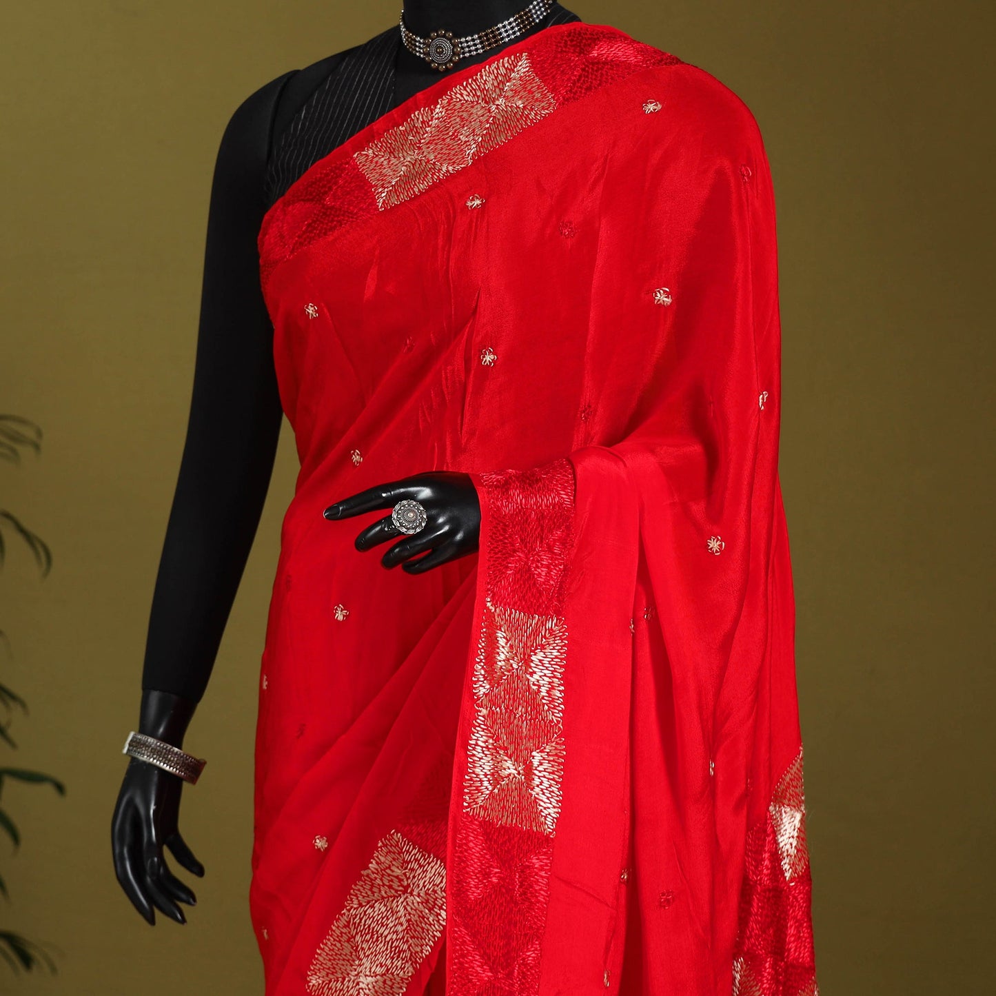 Red - chinon silk hand embroidery phulkari saree 13