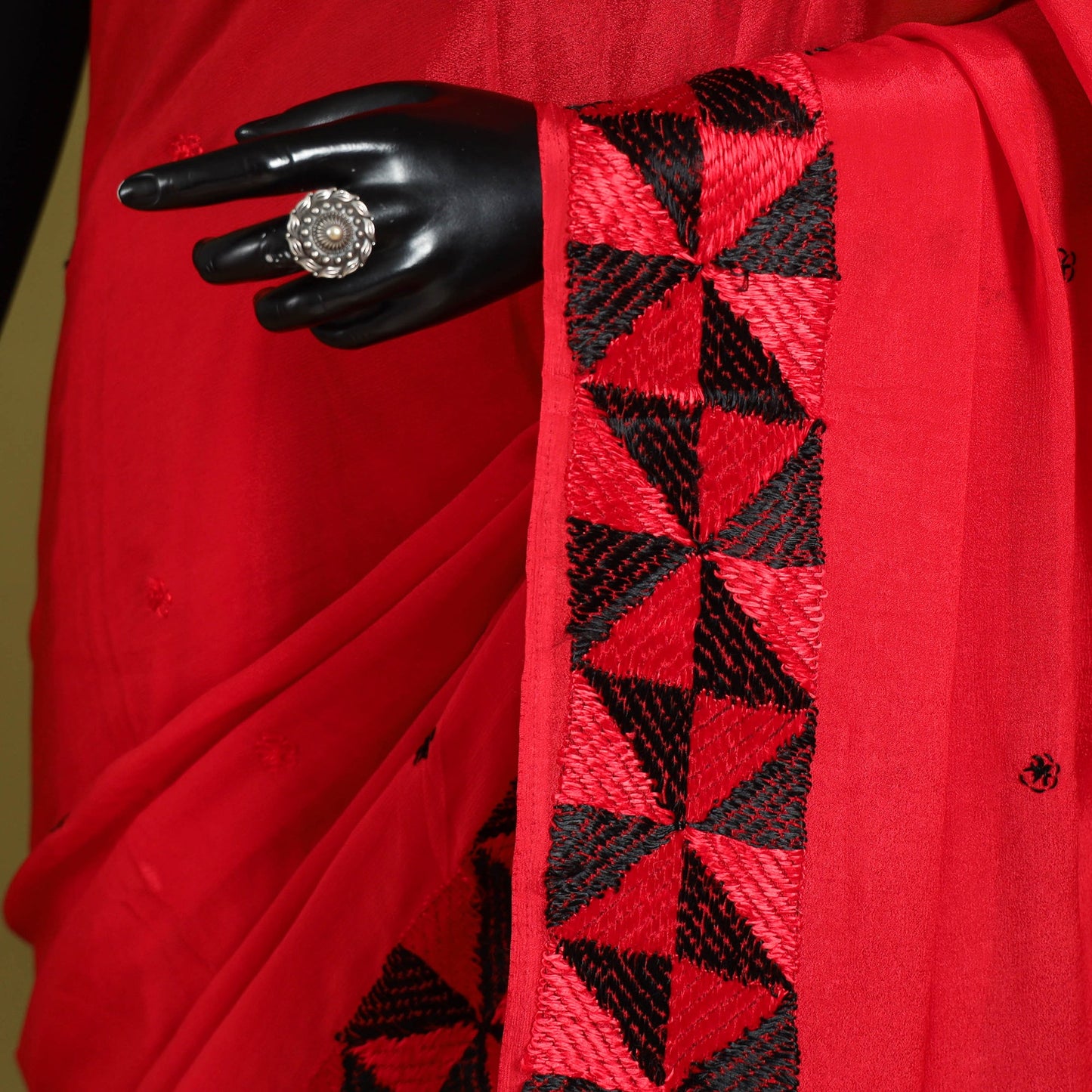 Red - chinon silk hand embroidery phulkari saree 15