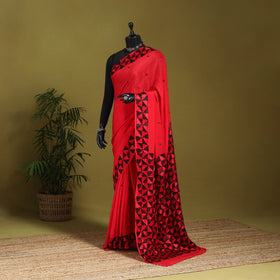 Red - chinon silk hand embroidery phulkari saree 15