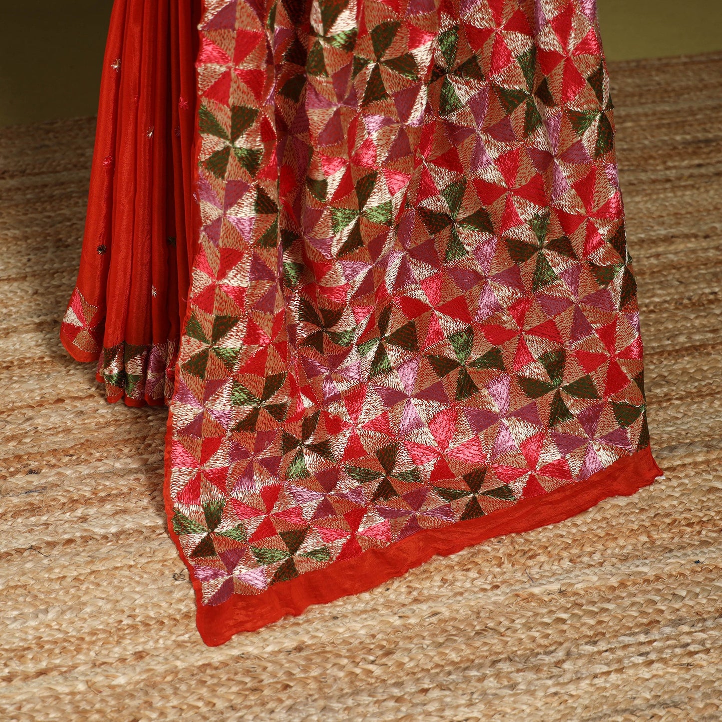 Red - chinon silk hand embroidery phulkari saree 19