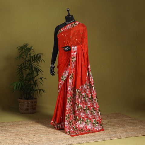 Red - chinon silk hand embroidery phulkari saree 19