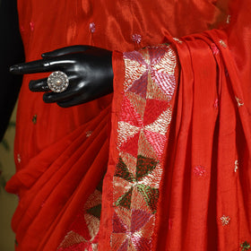 Red - chinon silk hand embroidery phulkari saree 19