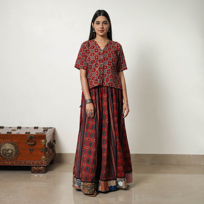 Shop Red Hand Block Print Patchwork Ajrakh Skirt
