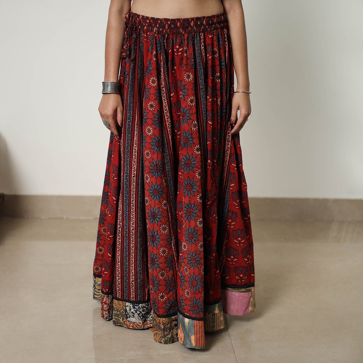 Shop Red Hand Block Print Patchwork Ajrakh Skirt