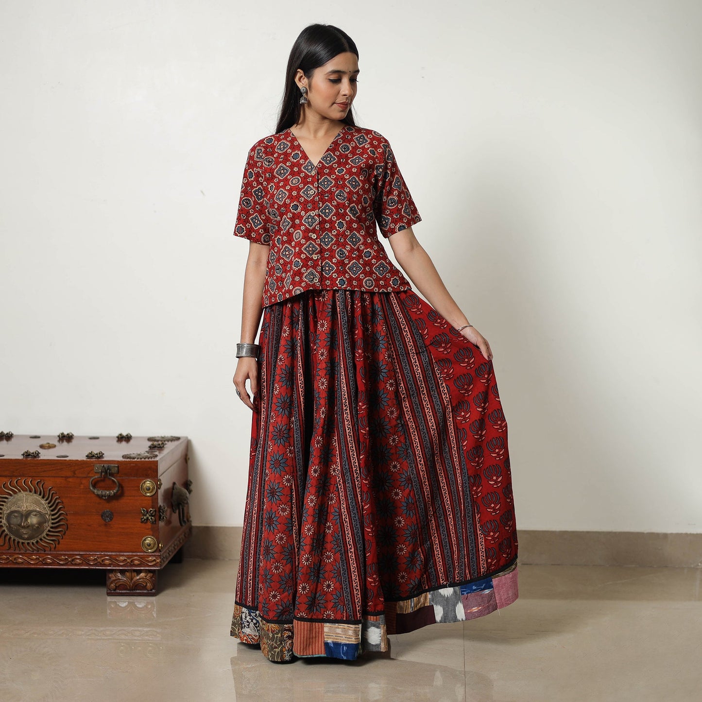 Shop Red Hand Block Print Patchwork Ajrakh Skirt