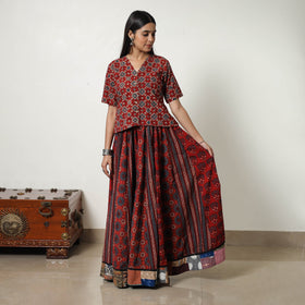Shop Red Hand Block Print Patchwork Ajrakh Skirt