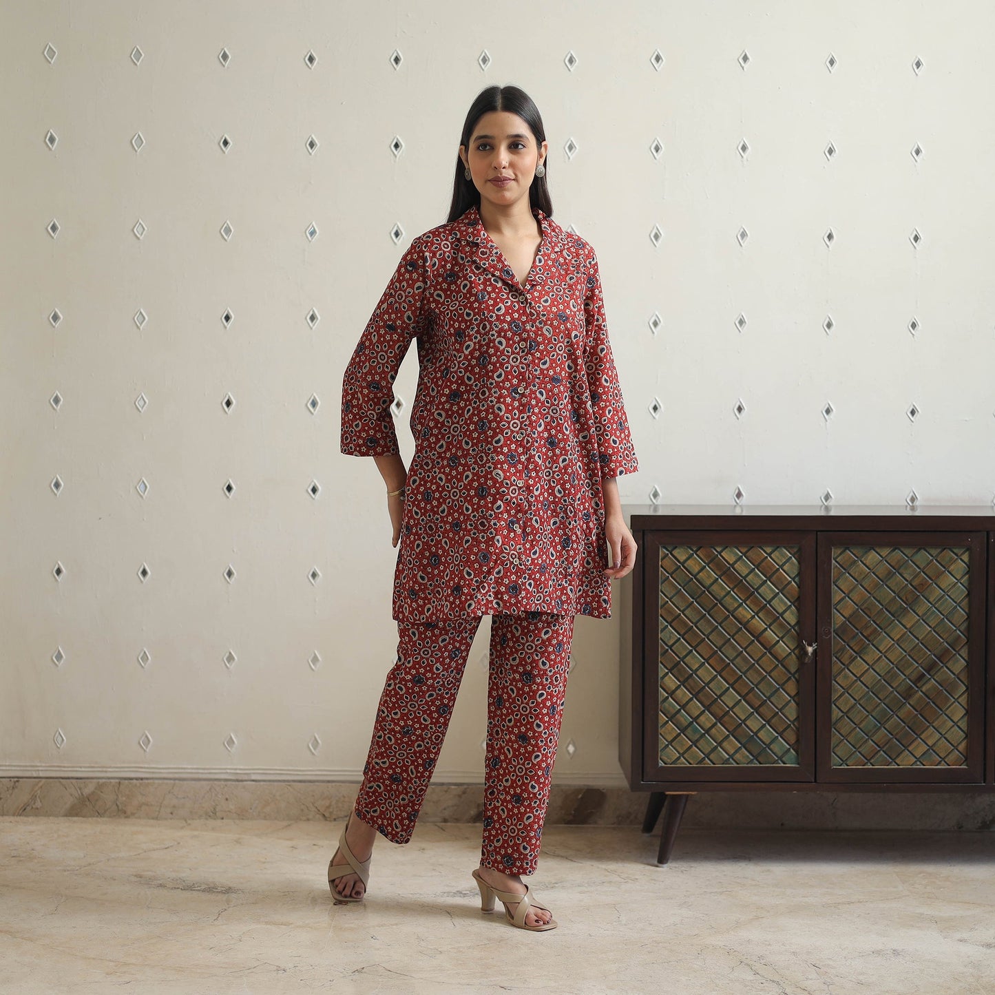 Red - cotton night suit set 21 - handcrafted