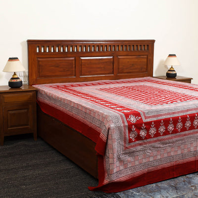  Red Block Print Cotton Bagh Double Bed Sheet 