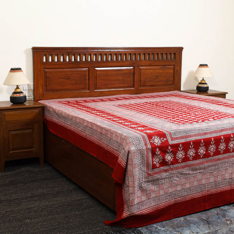  Red Block Print Cotton Bagh Double Bed Sheet 