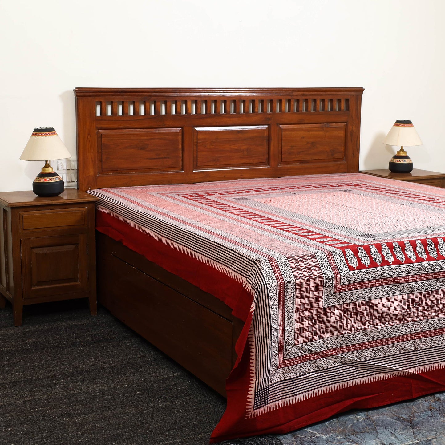 Buy Red Block Print Cotton Bagh Double Bed Sheet Online