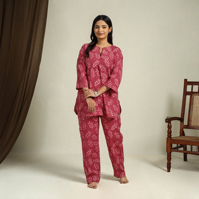 Buy Red Block Print Cotton Bagru Night Suit Set