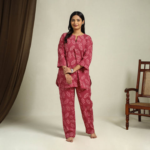 Buy Red Block Print Cotton Bagru Night Suit Set