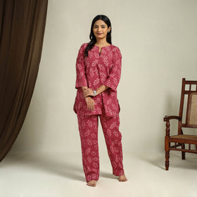 Buy Red Block Print Cotton Bagru Night Suit Set