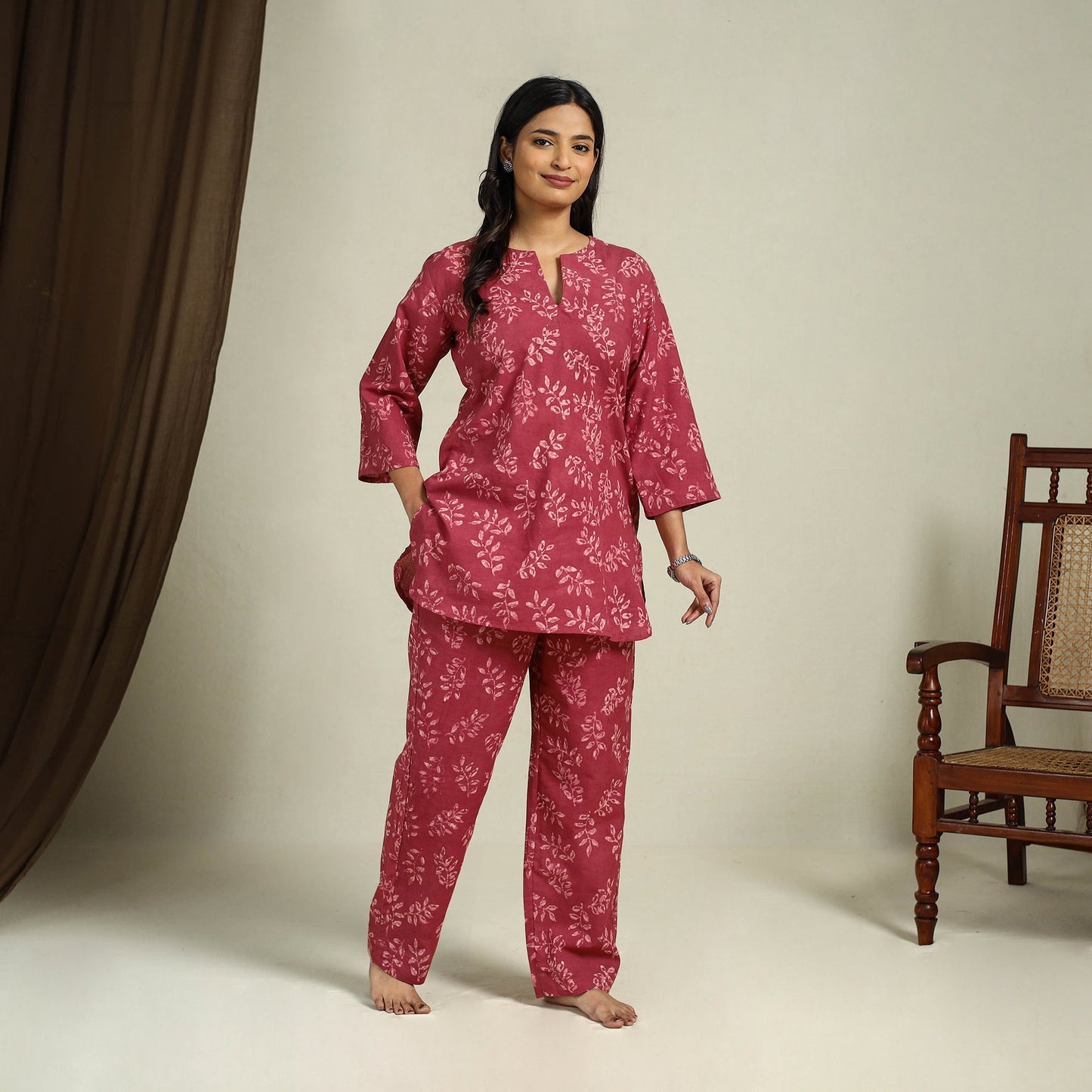 Buy Red Block Print Cotton Bagru Night Suit Set