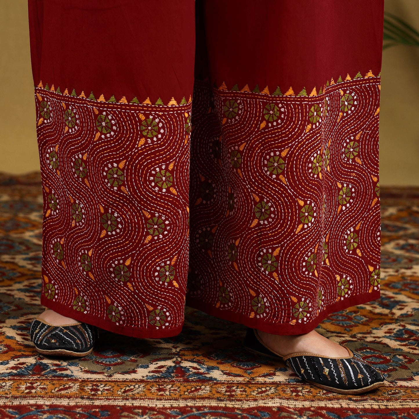 Buy Red Cotton Bengal Kantha Hand Embroidery Palazzo