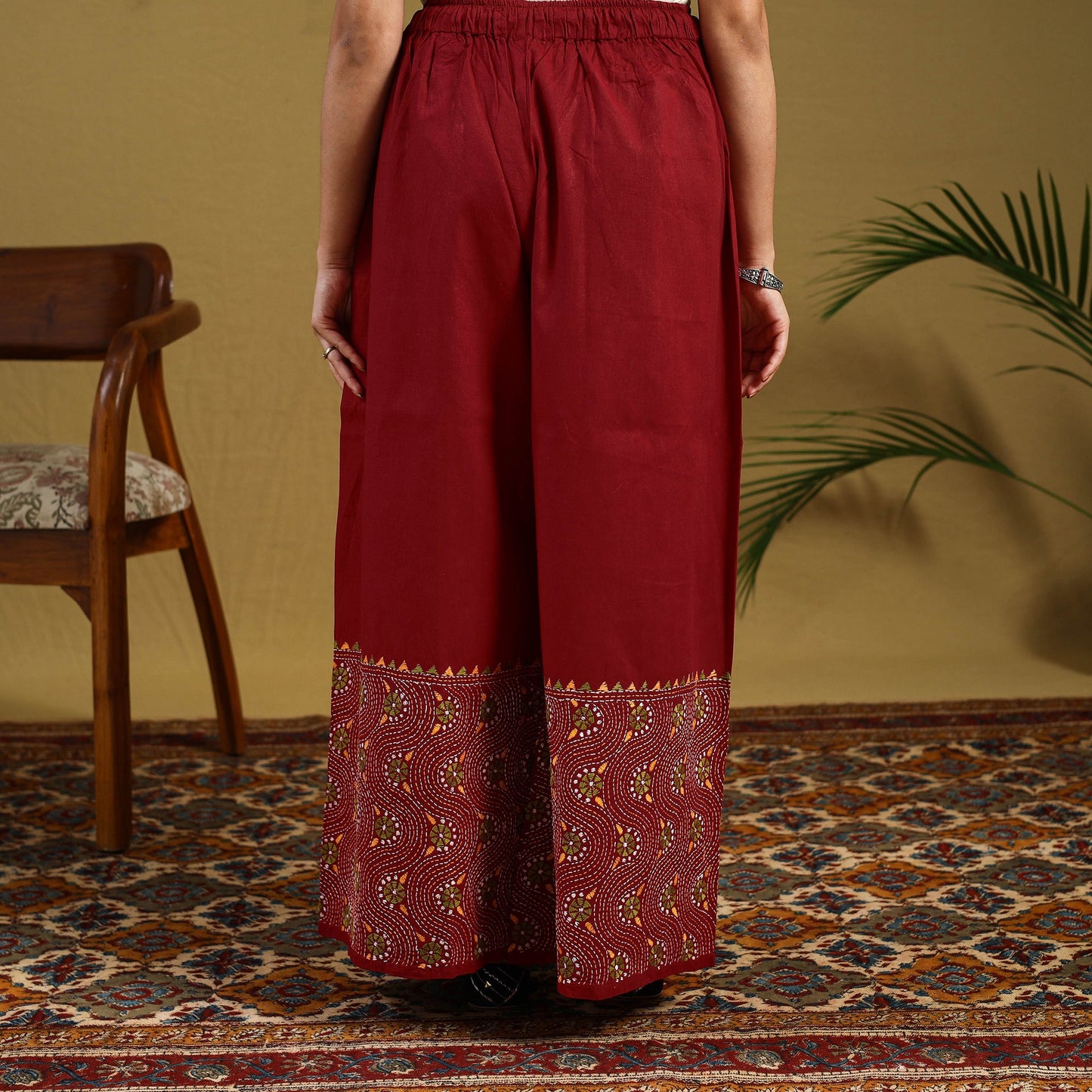 Buy Red Cotton Bengal Kantha Hand Embroidery Palazzo