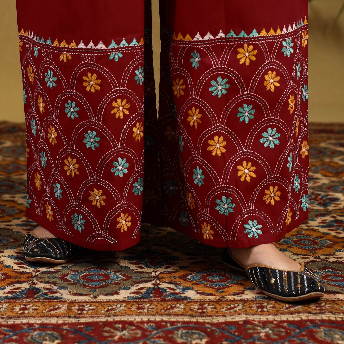  Red Cotton Bengal Kantha Hand Embroidery Palazzo